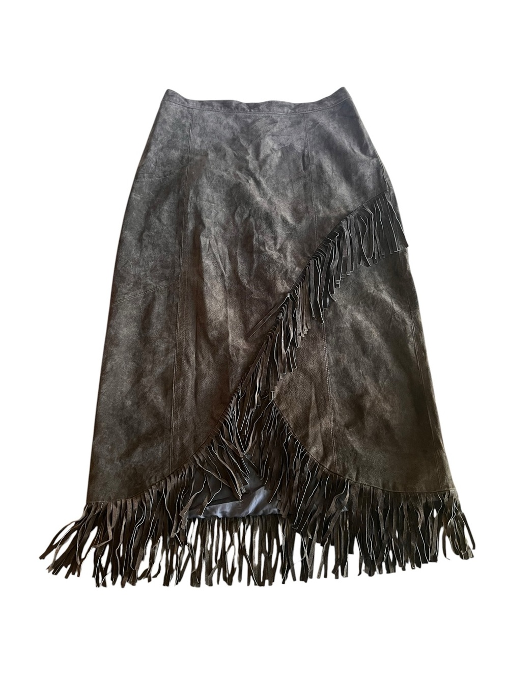 Vintage Tower Hill Brown Suede Festival Fringe Western Midi Wrap Skirt Boho 90s